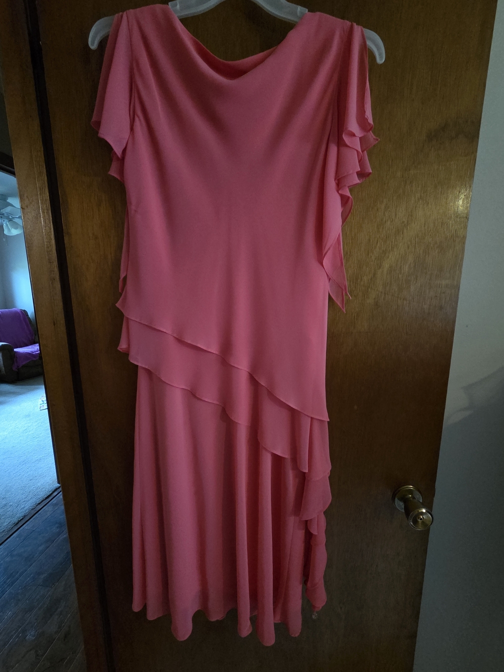 Joseph Ribkoff Coral-Pink Asymmetrical Ruffle Dress - Picture 4 of 6